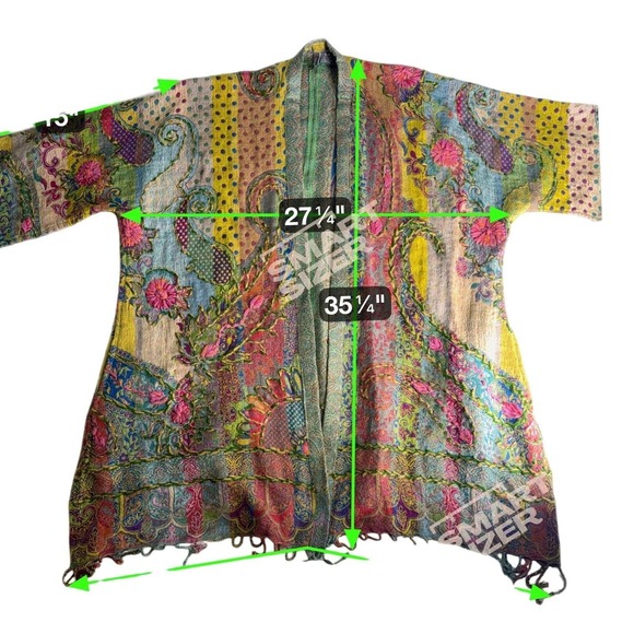 ANU Artisan Boho Wool Patchwork Kimono Jacket Coat Fringe Tassel S/M Festival - Picture 9 of 9